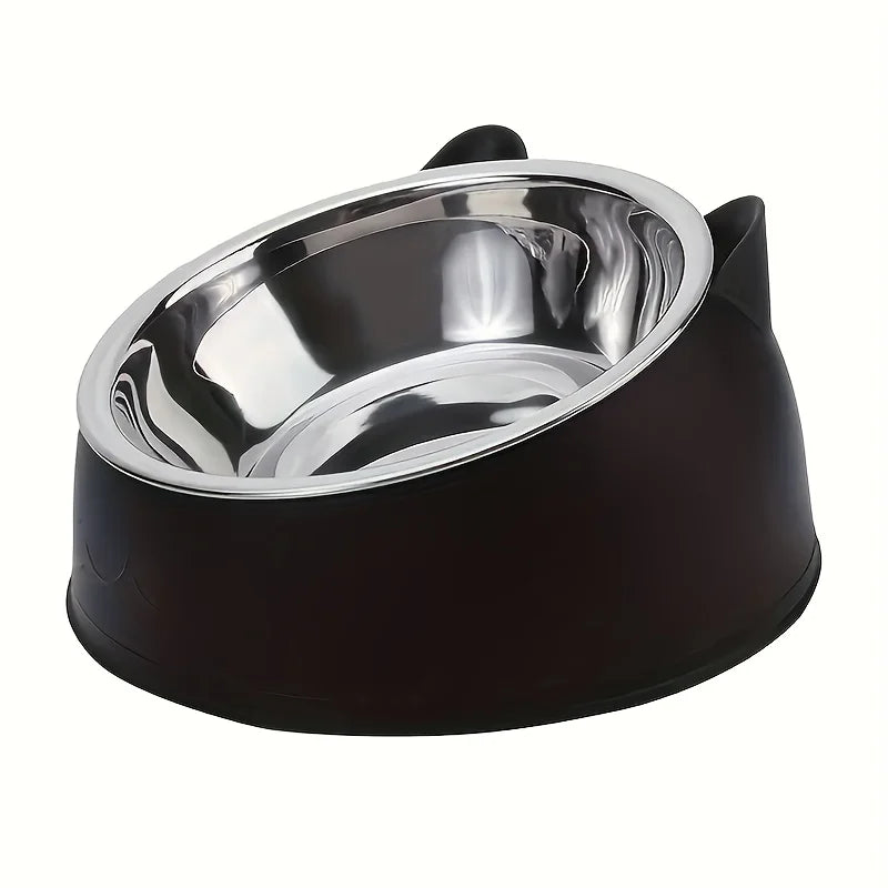 1pc Elevated Stainless Steel Cat Bowl, Inclined Food & Water Dish with Cute Ear Stand, Neck Protection Design for Cats