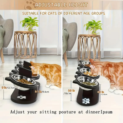 Elevated Cat Food Bowl with Wooden Support Frame & Stainless Steel Cat Bowl Adjustable 15° Angle Stand Sloped Pet Food Bowl
