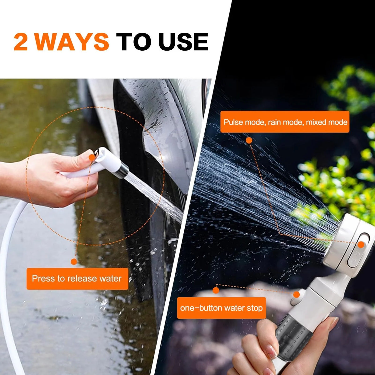 Handheld pet bath sprayer nozzle with flexible hose, shown spraying water from the unit.