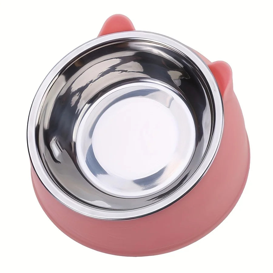 1pc Elevated Stainless Steel Cat Bowl, Inclined Food & Water Dish with Cute Ear Stand, Neck Protection Design for Cats