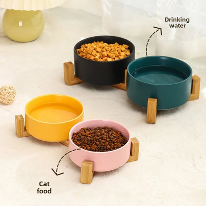 Ceramic Pet Bowl Dish With Wood Stand No Spill Pet Ceramic Double Bowl For Dog Cat Food Water Feeder Cats Small Dogs Pet bowl