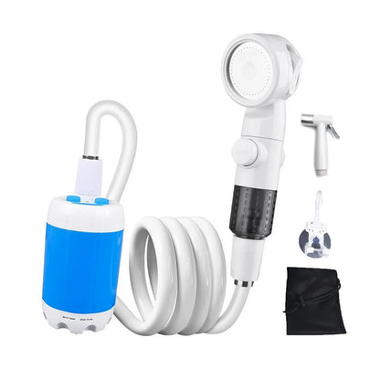 Rechargeable handheld pet bath sprayer kit with white shower head, hose, and blue pump base.