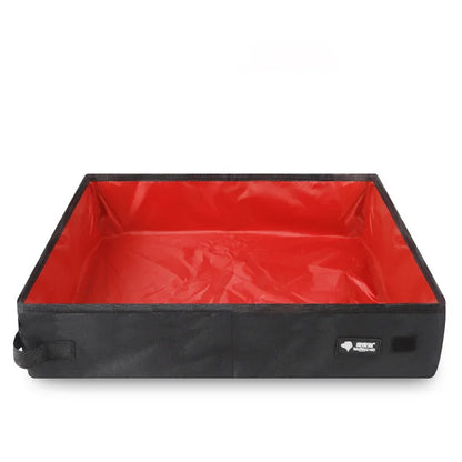 Portable folding pet litter box with red waterproof interior and black outer shell