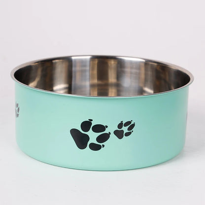 A cartoon-patterned pet bowl, easy to clean, made of stainless steel, suitable for both outdoor and indoor pet owners.