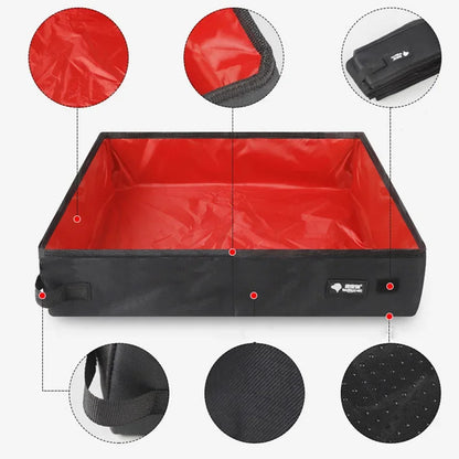Red-lined folding pet litter box with black exterior and reinforced edge seams