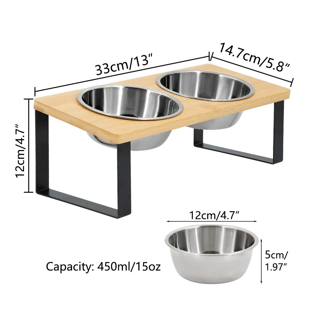 Elevated Cat Bowl Pet Feeder 15° Tilted Raised Cat Food Bowl with Wooden Base Includes 2 Stainless Steel Bowls Suitable for Cats