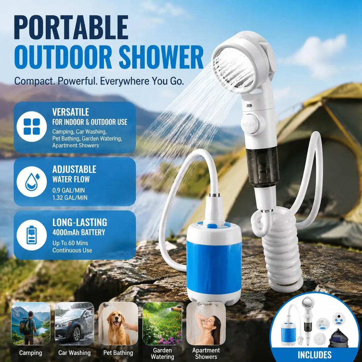 Portable outdoor shower kit with white shower head, spiral hose, and blue water tank.