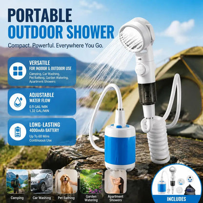 Portable outdoor shower kit with white shower head, spiral hose, and blue water tank.