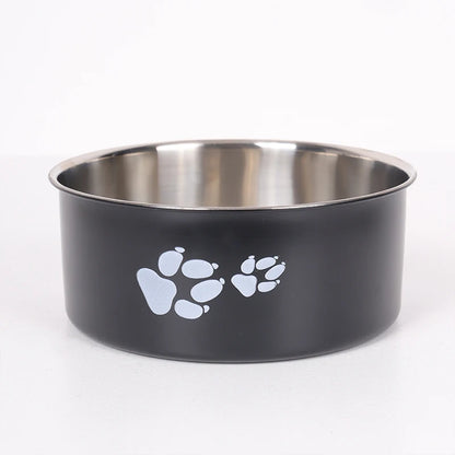 A cartoon-patterned pet bowl, easy to clean, made of stainless steel, suitable for both outdoor and indoor pet owners.