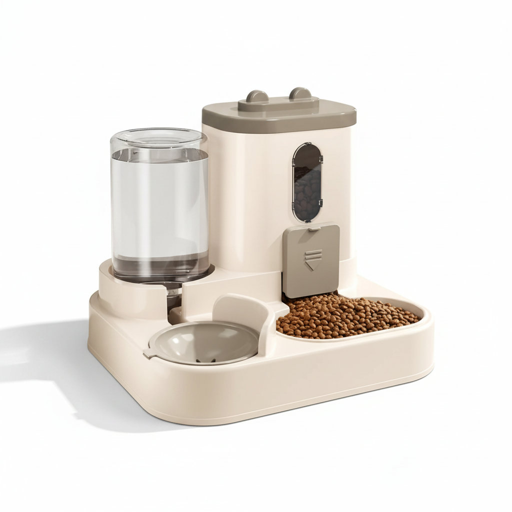 Automatic pet feeder with clear water cup, grey top, and side food bowl on base