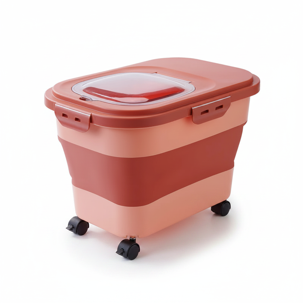 Collapsible airtight pet food storage container with latch lid and wheels, red-brown