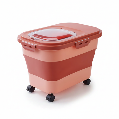 Collapsible airtight pet food storage container with latch lid and wheels, red-brown