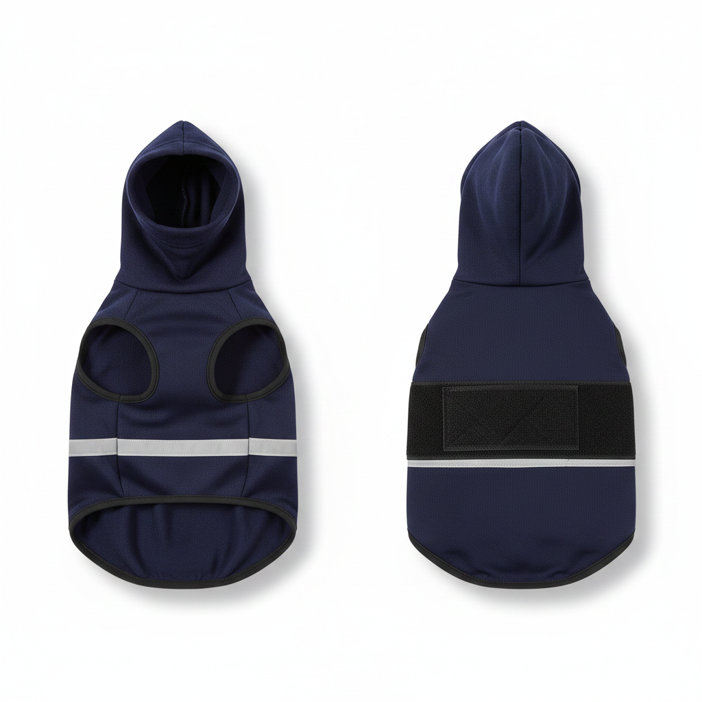 Navy dog calming thunder jacket front and back views with hood and reflective bands