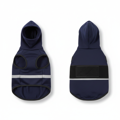 Navy dog calming thunder jacket front and back views with hood and reflective bands