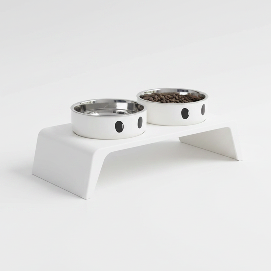 Elevated pet feeder stand with two stainless steel bowls and cat-face cutouts