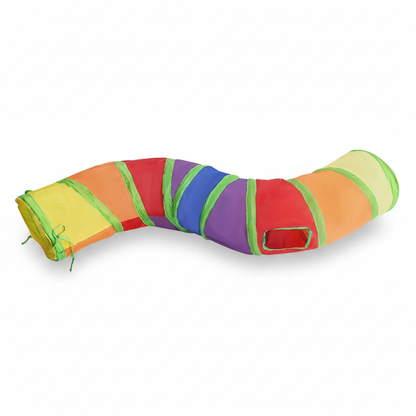 Foldable cat tunnel with crinkle fabric, bright multicolor striped curved tunnel