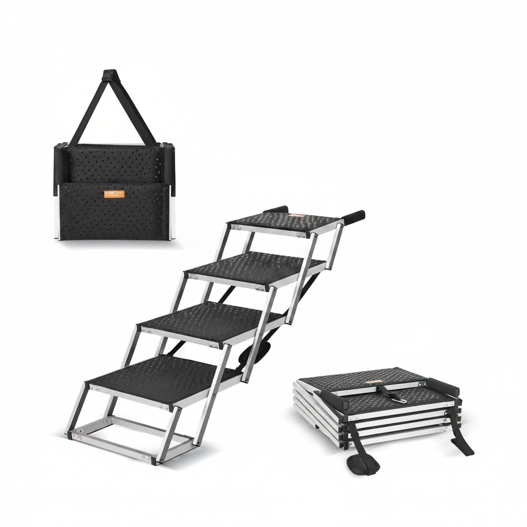 Aluminum folding dog car steps with black anti-slip treads, bag, and folded base