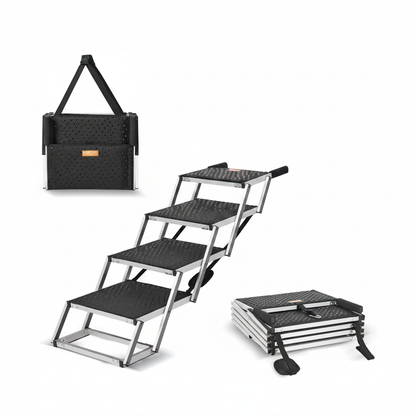 Aluminum folding dog car steps with black anti-slip treads, bag, and folded base