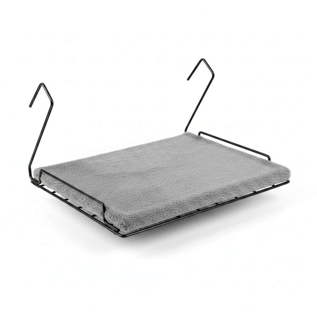 Light gray hanging cat radiator bed with warm fleece pad and black metal frame