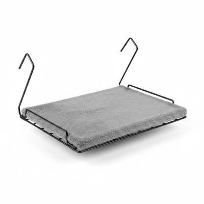 Light gray hanging cat radiator bed with warm fleece pad and black metal frame