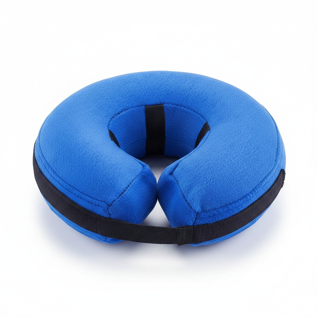 Blue inflatable recovery collar donut with front neck opening and black side band