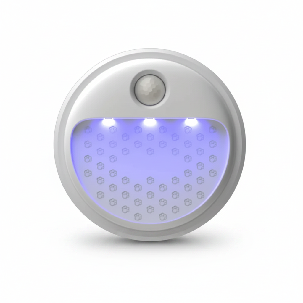 Ozone & UV air purifier, front round gray housing with purple-blue UV light