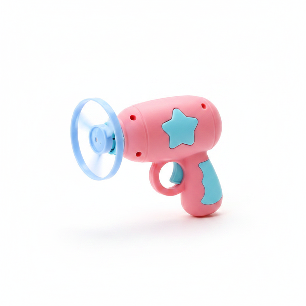 Pink and blue cat disc launcher toy with star panel and blue grip, side angle
