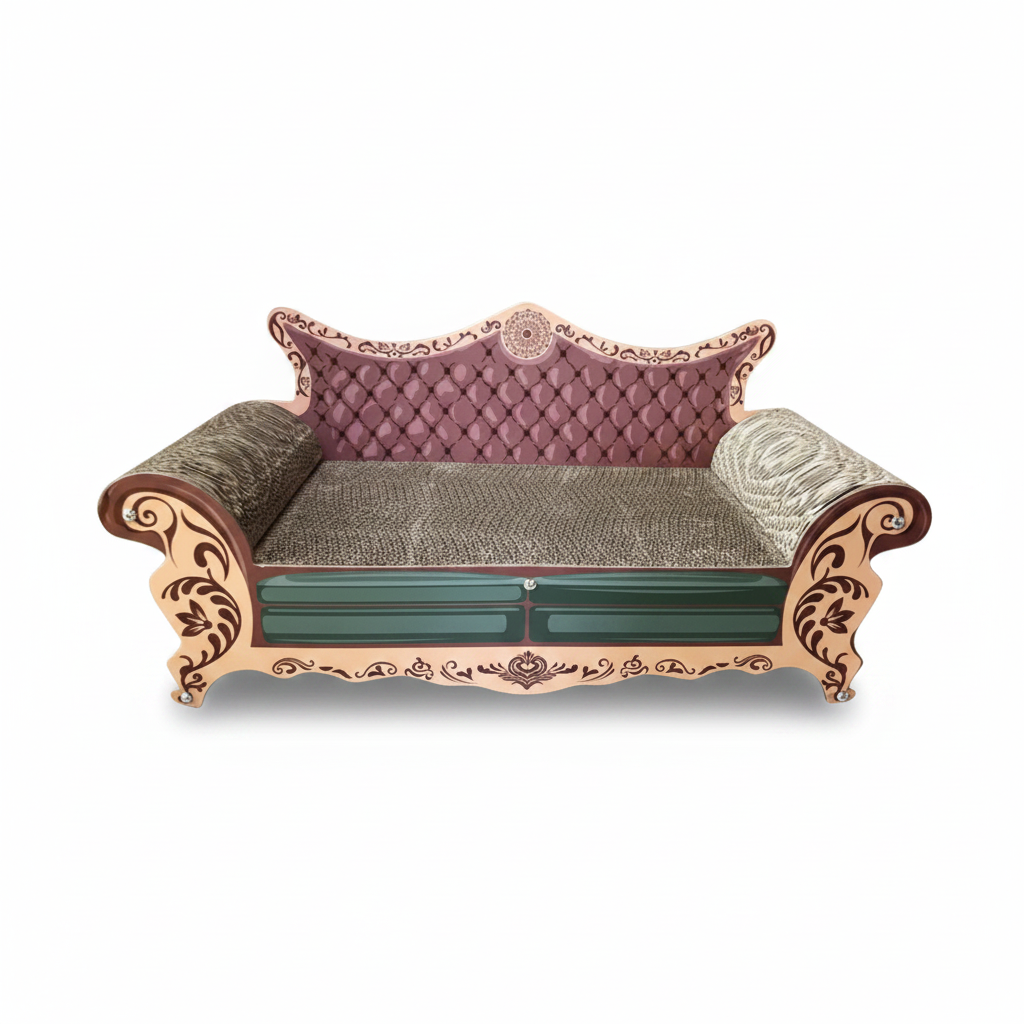 Cat scratch board sofa with pink backrest, teal base, beige cushions; no cat model