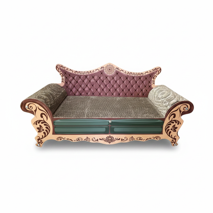 Cat scratch board sofa with pink backrest, teal base, beige cushions; no cat model