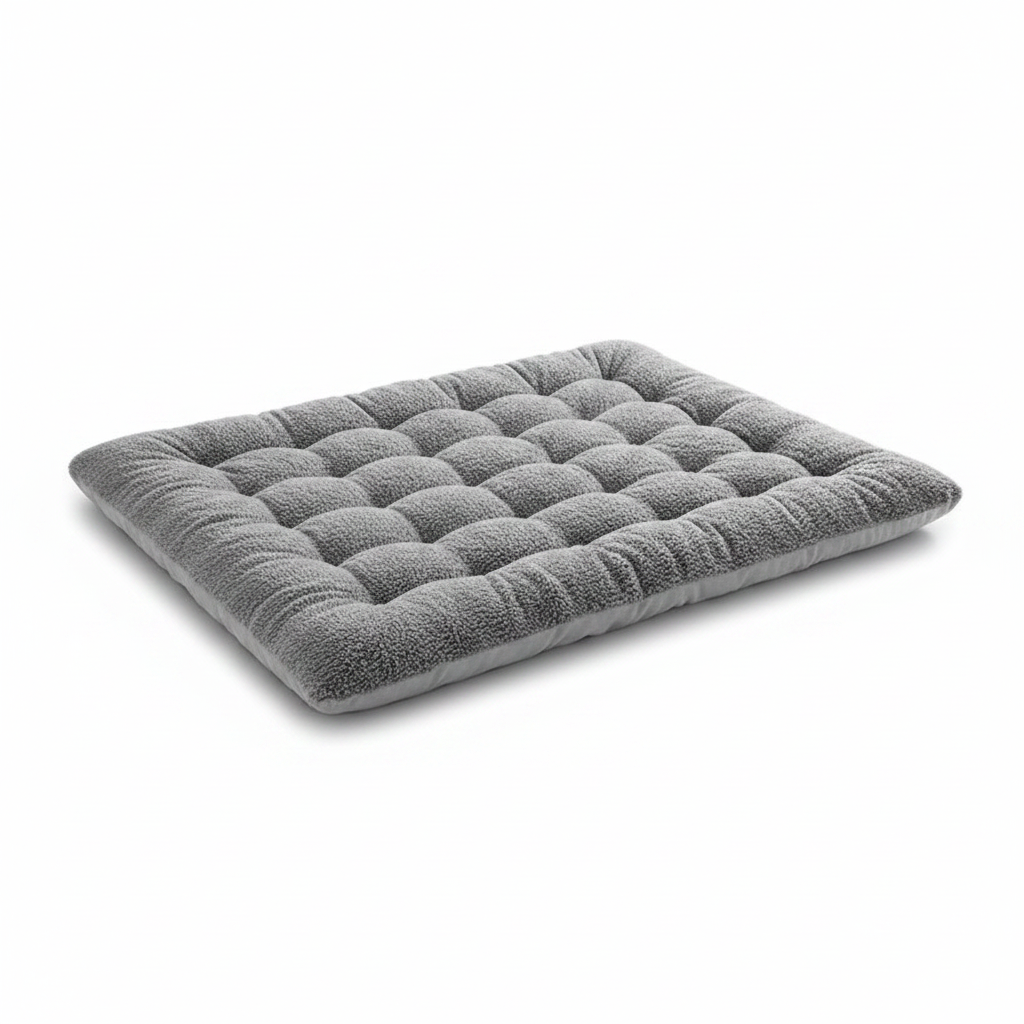Gray plush sofa-style dog bed cushion with quilted, raised texture