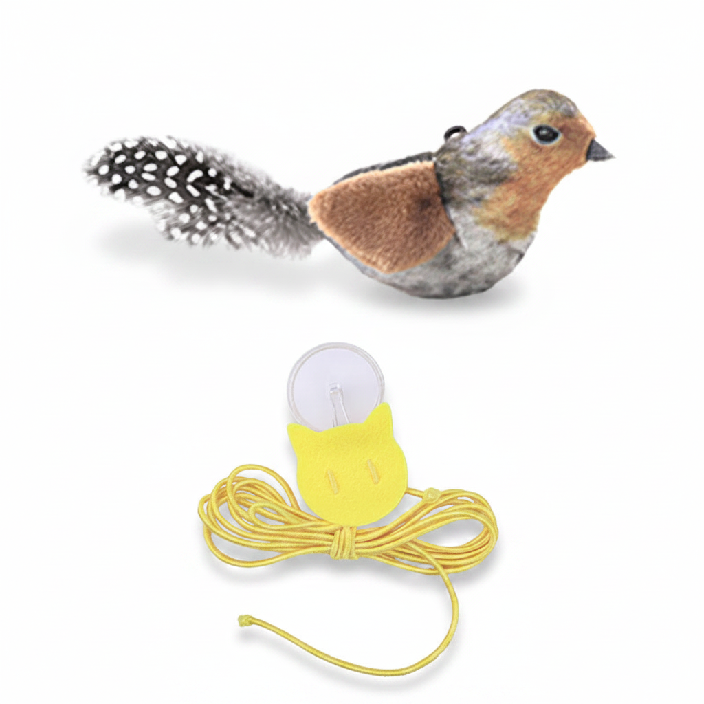 Gray and brown bird plush cat toy with long textured tail and dangling yellow cord
