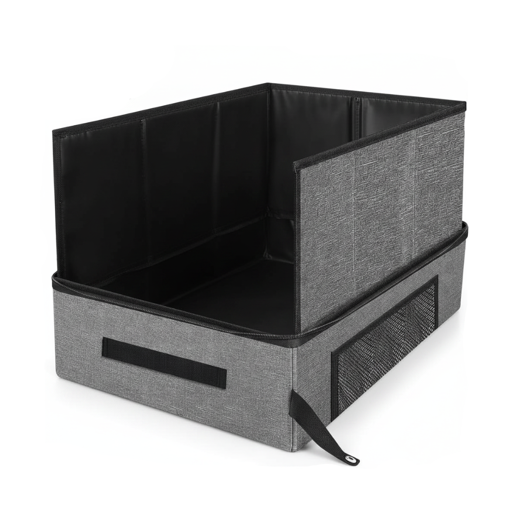 Gray collapsible cat litter box with black liner, open sides and front carry strap