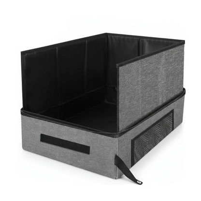 Gray collapsible cat litter box with black liner, open sides and front carry strap