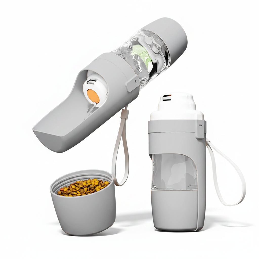 Petssify portable gray dog water bottle with storage and attached drinking cup