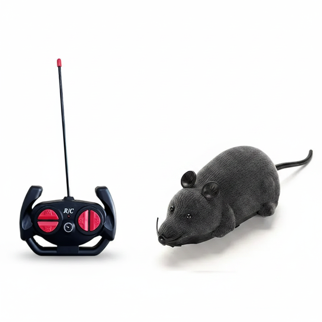 Grey plush remote control robot mouse toy with antenna and controller on either side