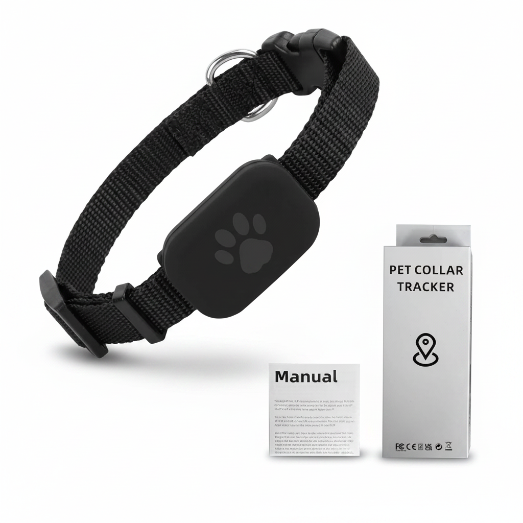 Black pet collar GPS tracker with manual and boxed PET COLLAR TRACKER