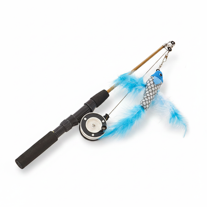 Close-up telescopic cat wand toy with blue feather lure, metal reel, and black grip