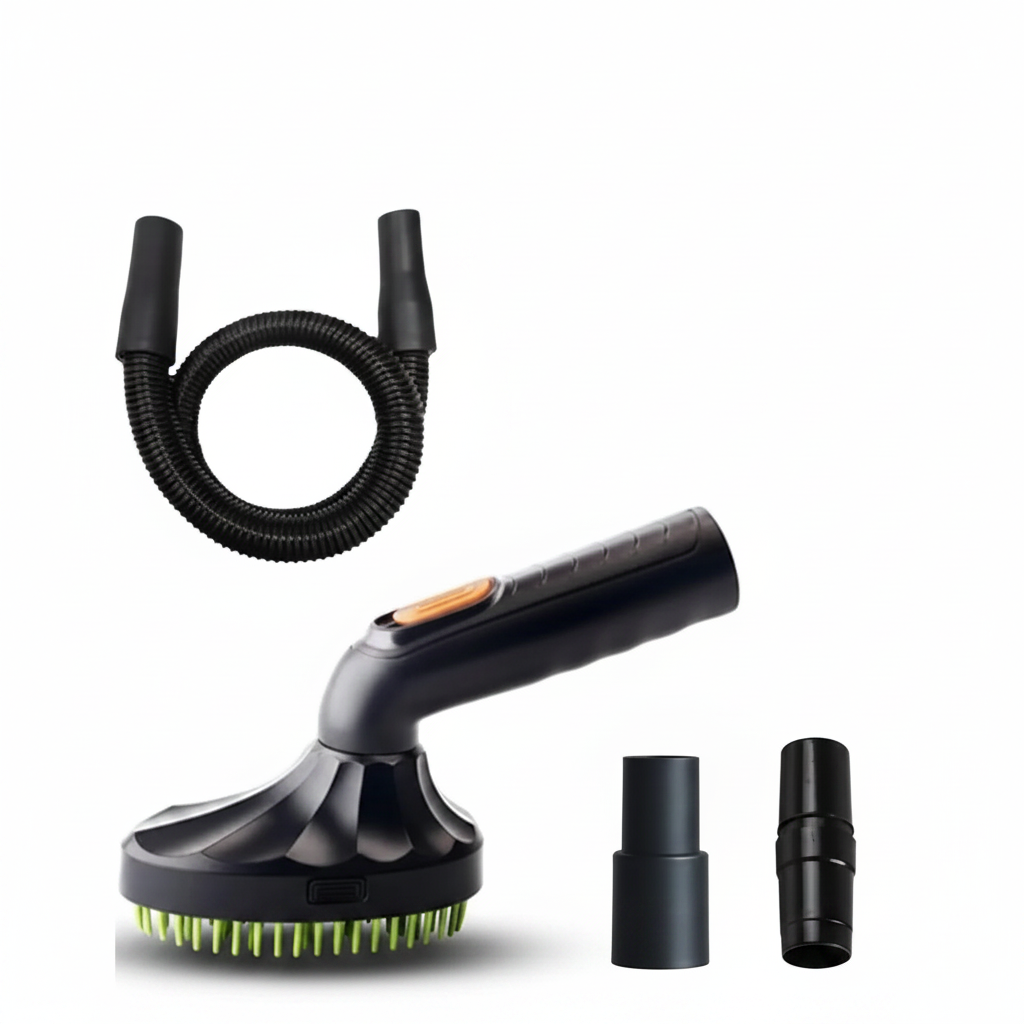 Black vacuum brush attachment kit with flexible hose loop, bristle head, and two connector parts