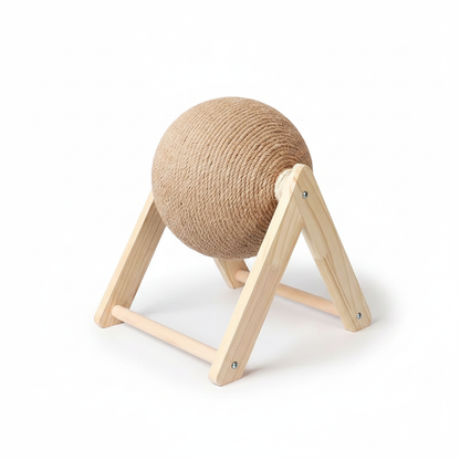 Beige sisal rope cat scratching ball toy with wooden V-shaped stand