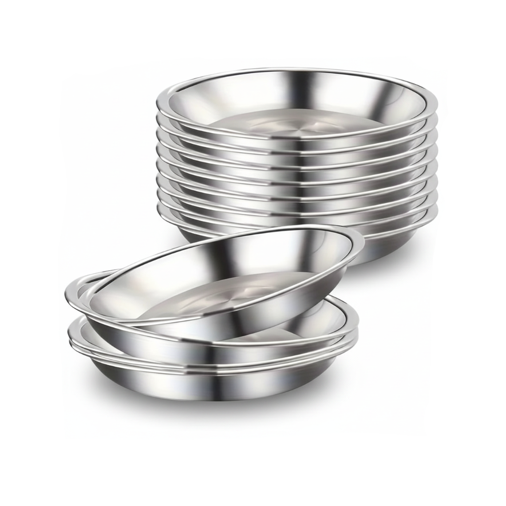 Stack of stainless steel cat bowls: one shallow bowl and nested bowls below