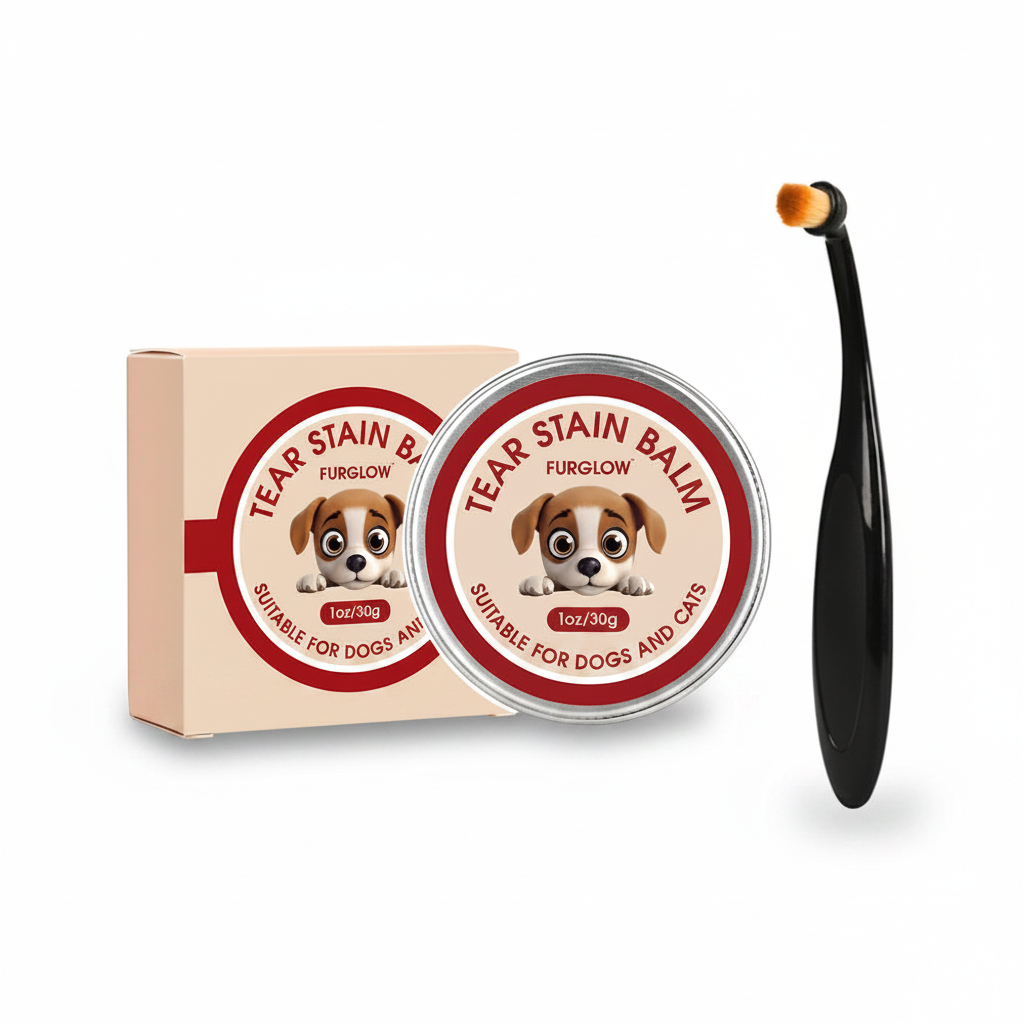 Tear stain balm box with two tins and black brush applicator
