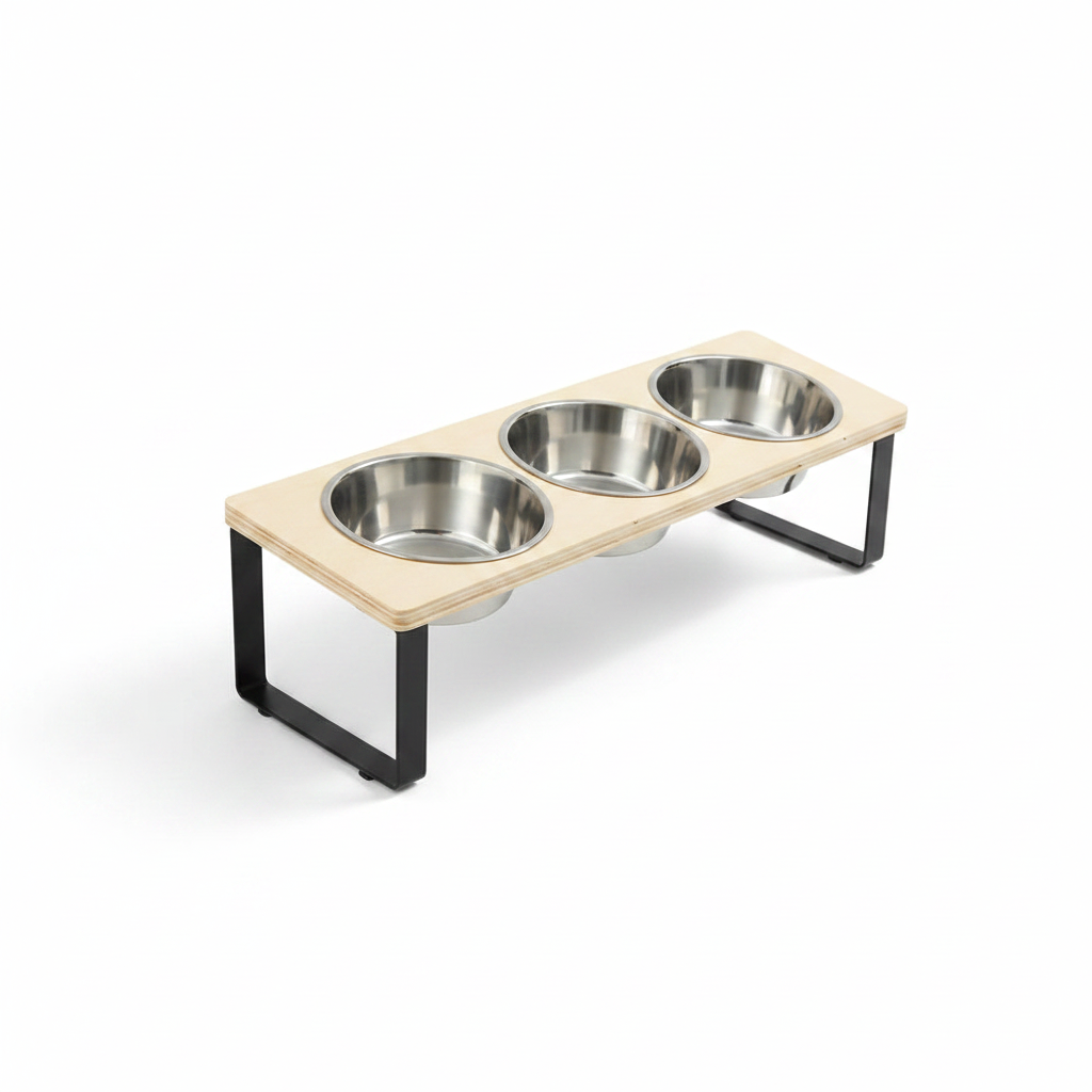 Light wood tilted cat bowl stand with three stainless steel bowls and black frame legs