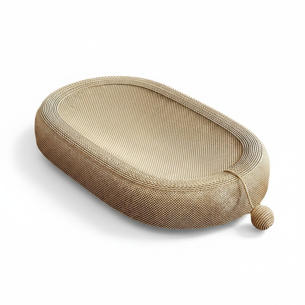 Oval sisal cat scratching board bed, beige top with brown sides and attached toy ball