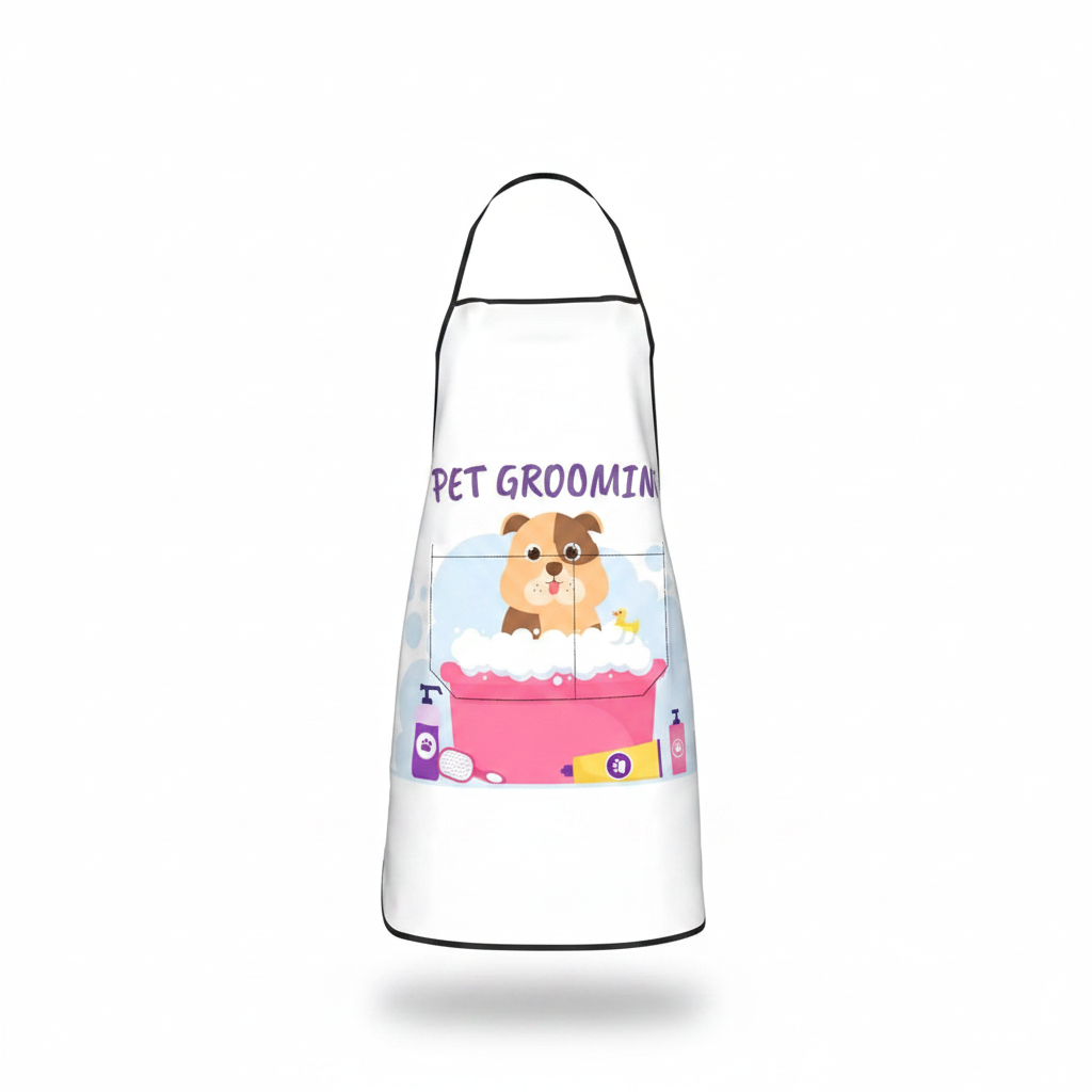 White pet grooming apron with central cartoon dog, pink bottom panel, adjustable strap