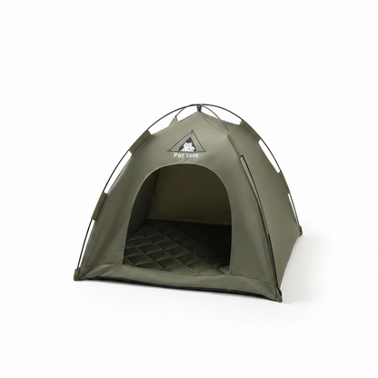 Olive-green pet teepee tent with front door opening and quilted inner floor