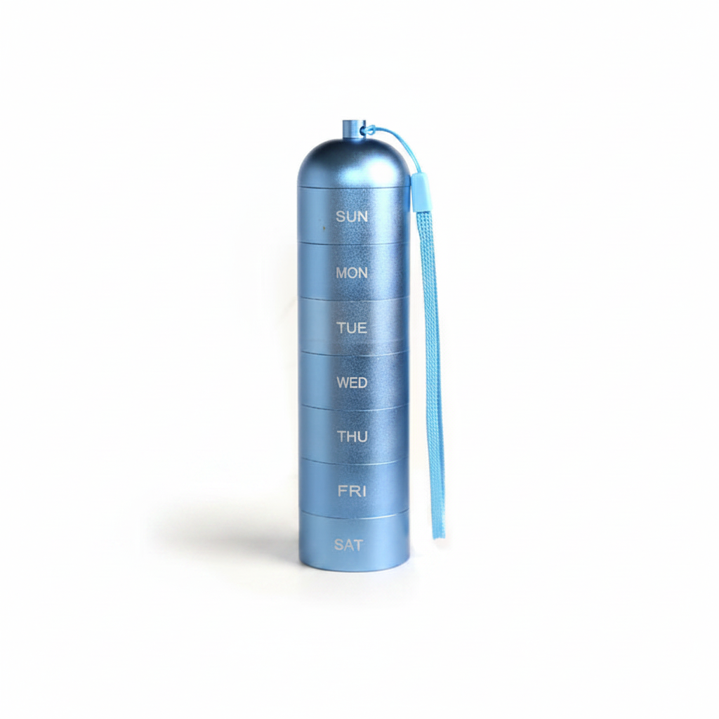 Blue waterproof weekly pill organizer in cylindrical aluminum case with wrist strap and day labels