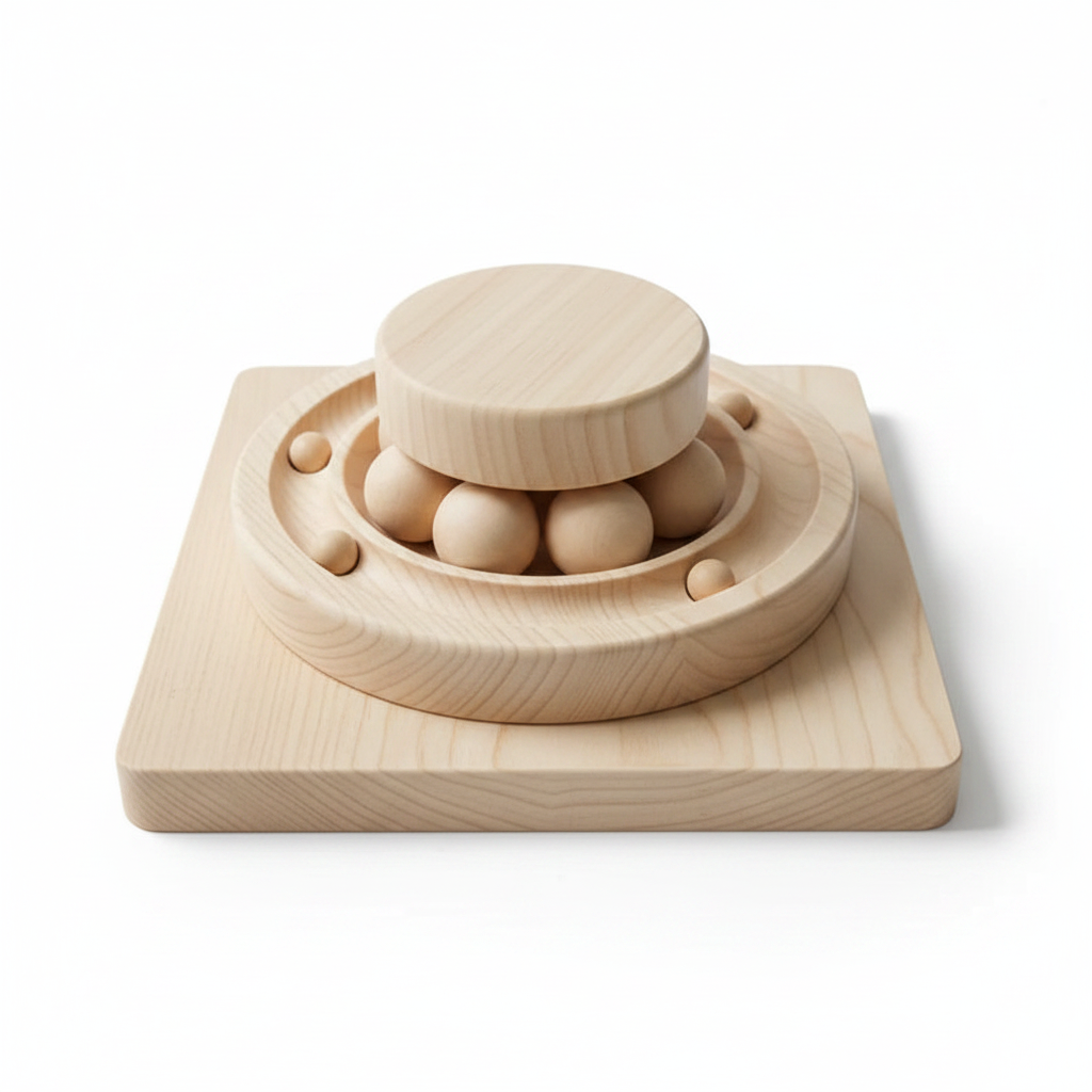 Wooden cat track tower top view with stacked circular rails and ball pieces